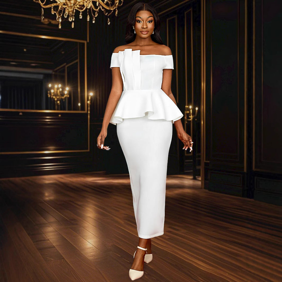 Damen Elegantes Peplum Kleid mit schulterfreiem Oberteil Drune