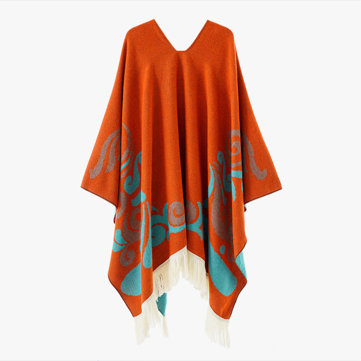 Damen Wollmix-Poncho im Umhangstil mit V-Ausschnitt, kontrastierendem Ornament-Jacquard und Fransen Drune