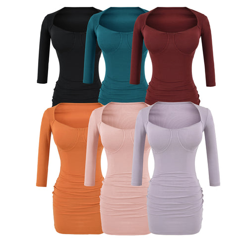 Damen Figurbetontes Midikleid mit eingenähten Cups, weitem Quadrat-Ausschnitt und Raffung Drune