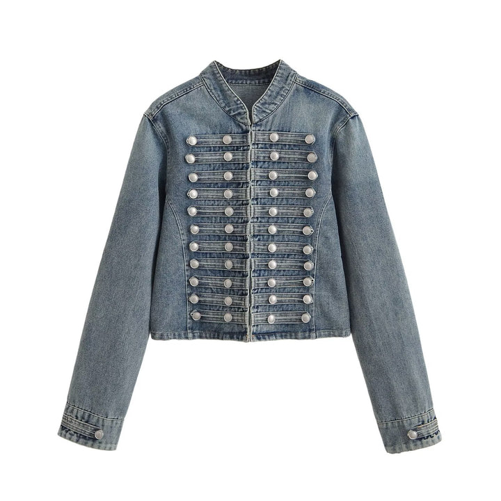 Damen Jeansjacke im Military-Stil mit Stehkragen und dekorativen Zierknopfleisten Drune