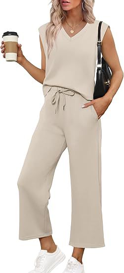 Damen Lässiges Zweiteiliges Lounge-Set mit Ärmellosem V-Neck-Top und Weiten Kordelbund-Hosen Drune