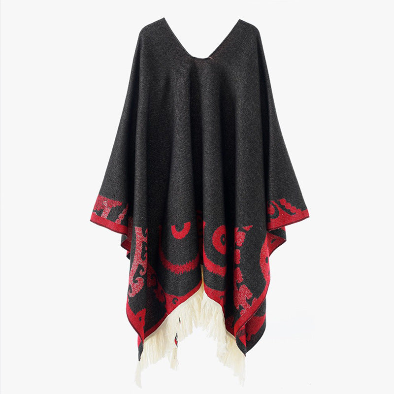 Damen Wollmix-Medallionponcho mit V-Ausschnitt und Fransensaum Drune