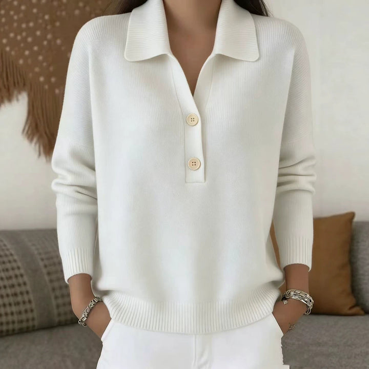 Damen lässiger Feinstrickpullover mit Polokragen und Zwei-Knopf-Leiste Drune