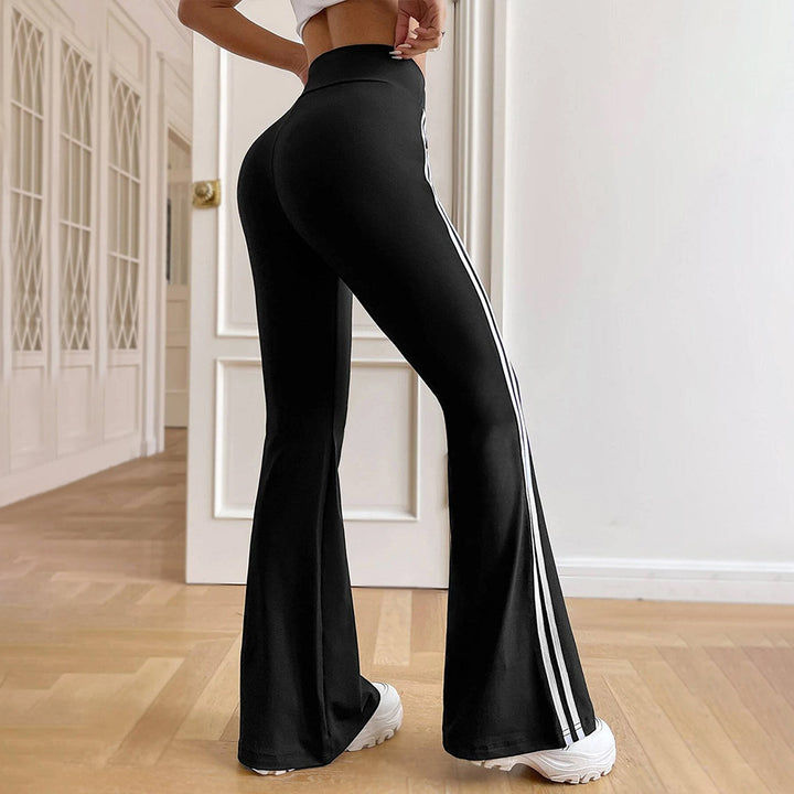 Damen hochgeschnittene Flared-Sporthose mit taillenformendem Komfortbund und seitlichen Kontraststreifen Drune