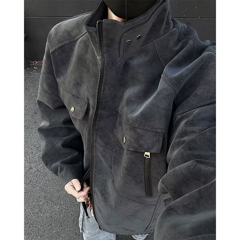 Herren Oversized Wildleder-Optik Utility-Jacke mit hohem Stehkragen Drune
