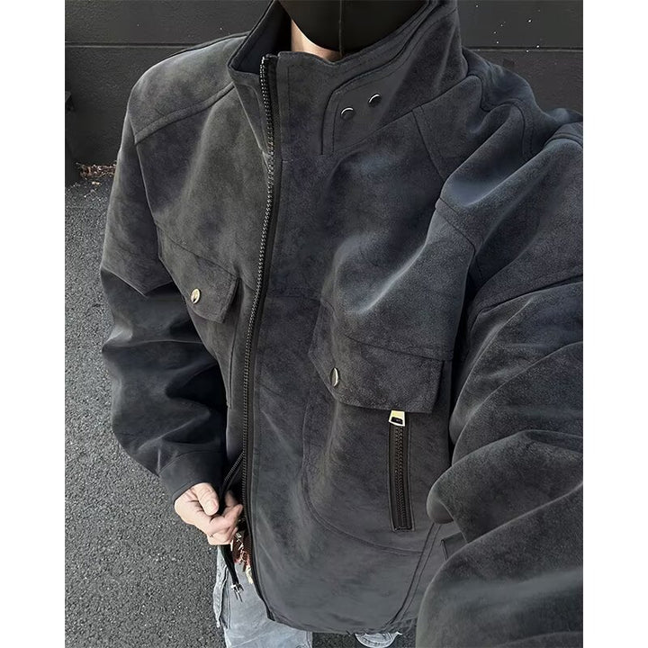 Herren Oversized Wildleder-Optik Utility-Jacke mit hohem Stehkragen Drune