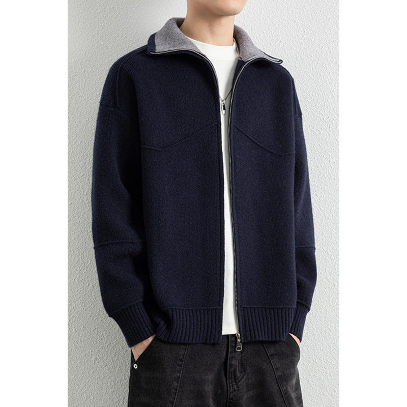 Herren Strick-Zipjacke mit Kontrastkragen und Rippbündchen Drune