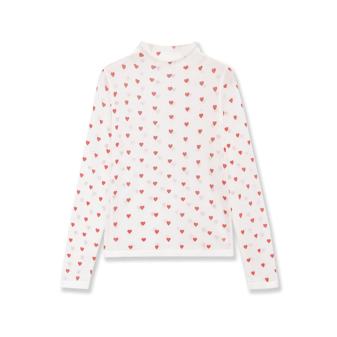 Damen Langarm-Feinstrickshirt mit Stehkragen und Allover-Herzjacquard Drune