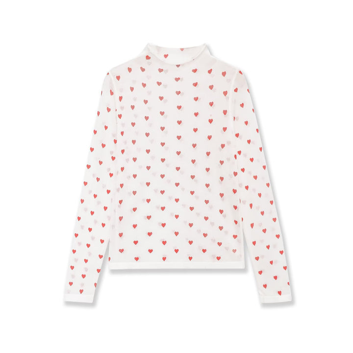 Damen Langarm-Feinstrickshirt mit Stehkragen und Allover-Herzjacquard Drune