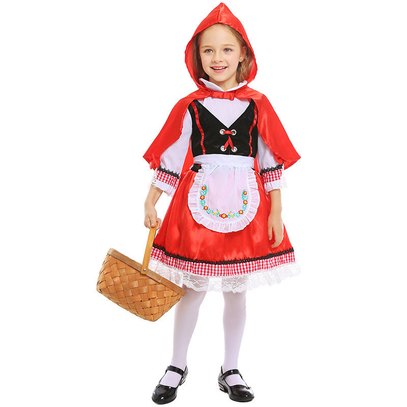 Mädchen Märchenhaftes Rotkäppchen Kostüm mit Umhang und gestickter Schürze Drune