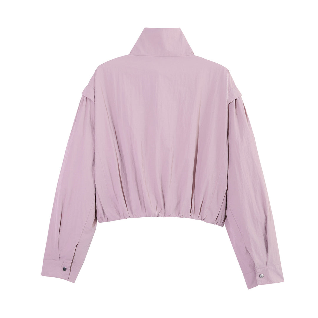 Damen Kurze Cropped-Übergangsjacke mit Stehkragen, geraffter Schulterpasse und Ballonärmeln Drune