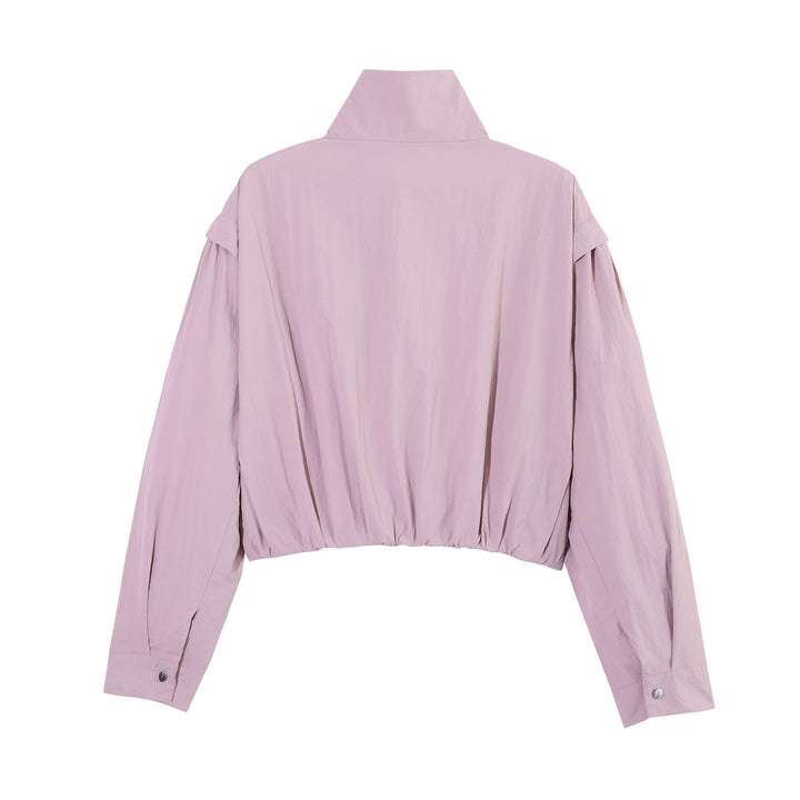 Damen Kurze Cropped-Übergangsjacke mit Stehkragen, geraffter Schulterpasse und Ballonärmeln Drune