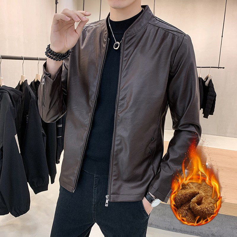 Herren Modische Kunstlederjacke mit Stehkragen und Reißverschlusstaschen Drune