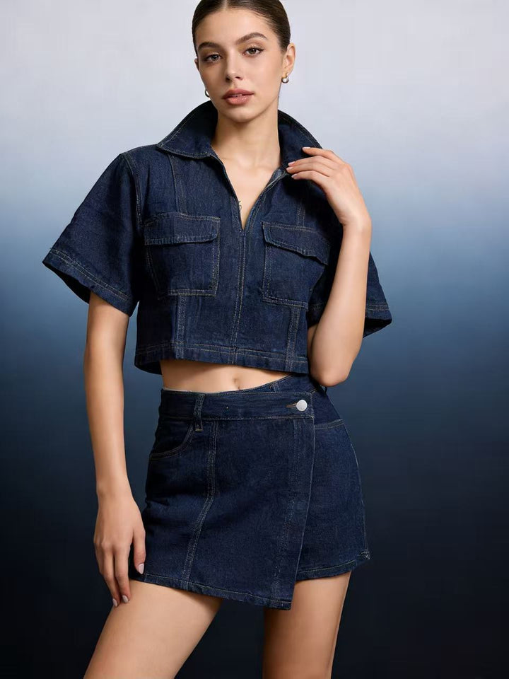 Damen modisches cropped Hemd mit aufgesetzten Taschen und lässigen Shorts Drune