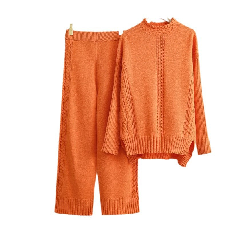 Damen komfortables Strick-Loungewear-Set mit hohen Bündchen und dekorativen Zopfmustern Drune