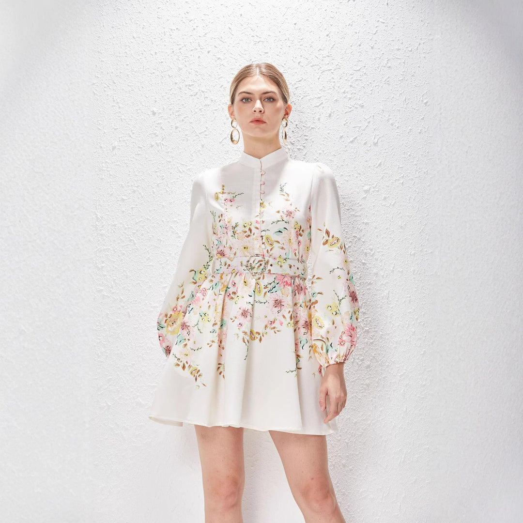 Drune | Baumwolle & Leinen Puffärmel Blumen Gürtel Kleid