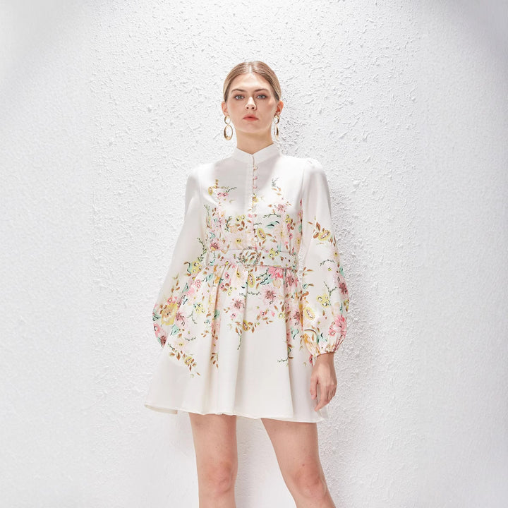 Drune | Baumwolle & Leinen Puffärmel Blumen Gürtel Kleid