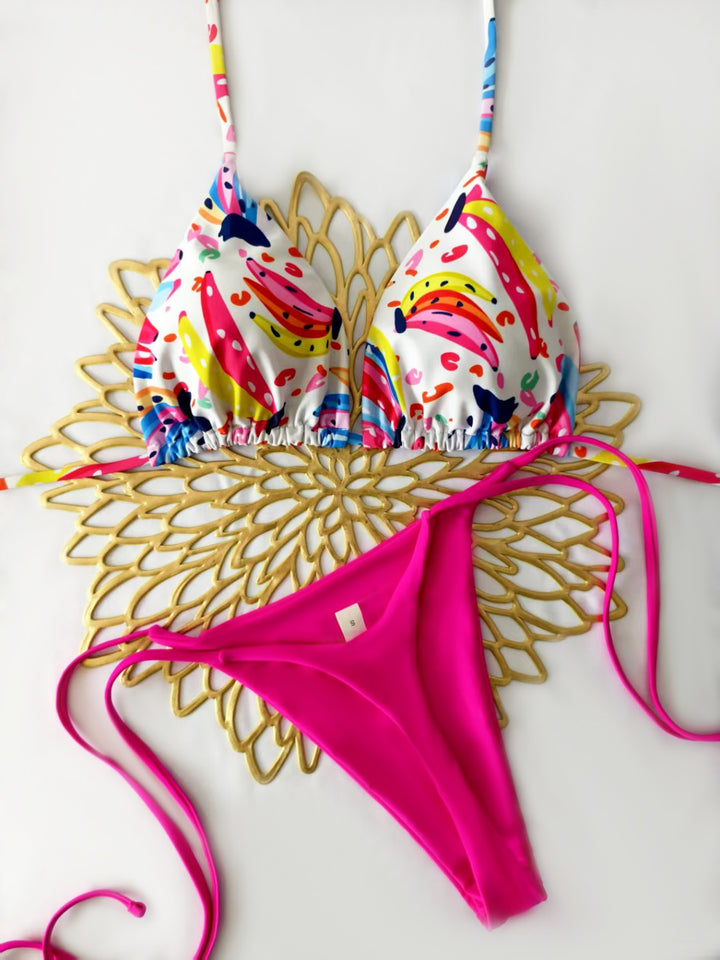 Damen Bikini-Set mit buntem Obstmuster und seitlichem Knoten Drune