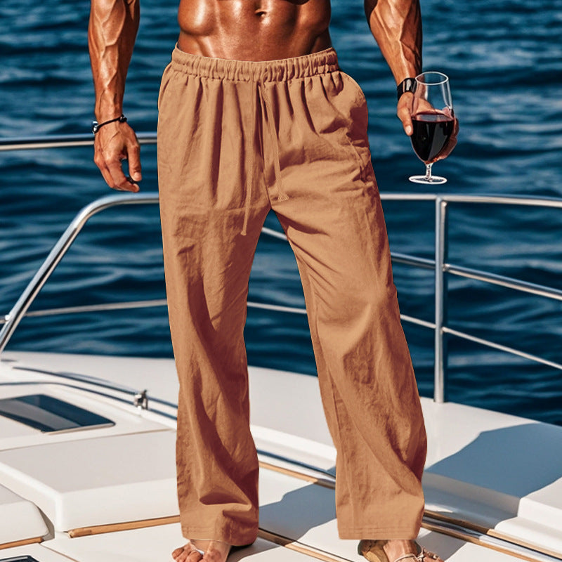 Herren nan weite Leinen-Loungehose mit elastischem Tunnelzugbund, Kordelzug und geradem Bein Drune