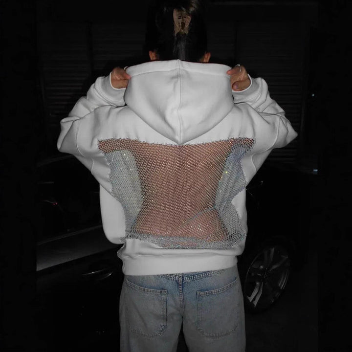 Damen nan Kapuzensweatshirt mit transparenter bestickter Rückenpartie Drune