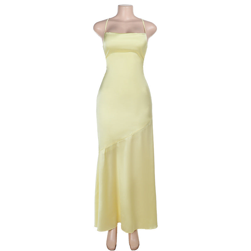 Damen Elegantes Maxikleid aus luxuriösem Satin mit verführerischem V-Ausschnitt Drune