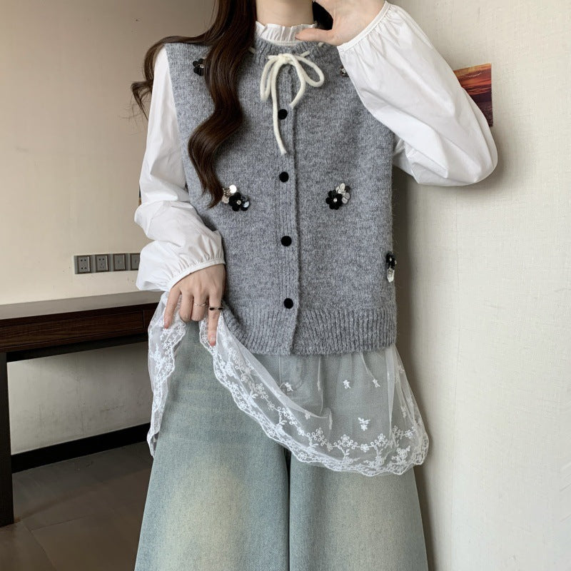 Damen Strickjacke mit dekorativen Blumenapplikationen und Bindeverschluss Drune