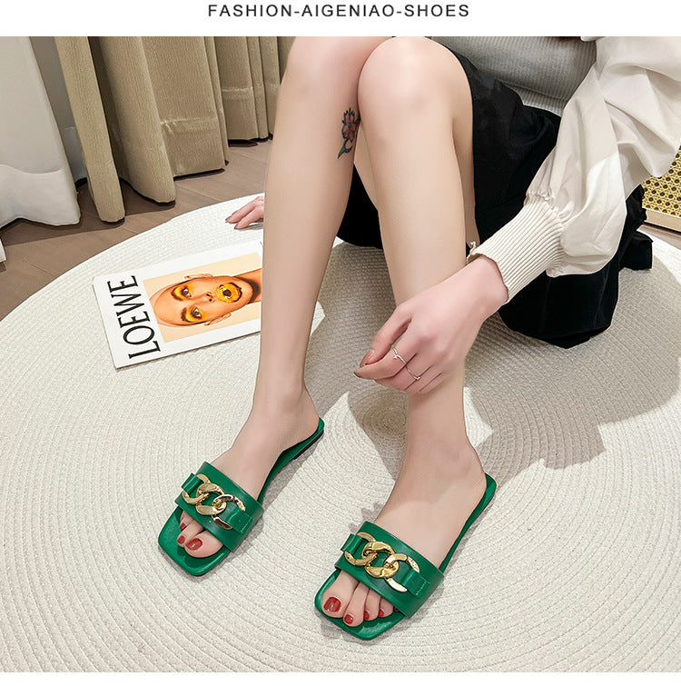 Damen Dekorative Ketten-Detail Slide Sandalen Drune