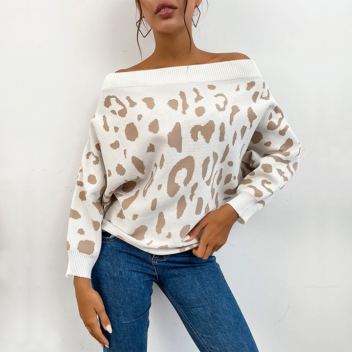 Damen Carmenpullover im Leoparden-Jacquard Oversize mit weitem Ausschnitt Drune