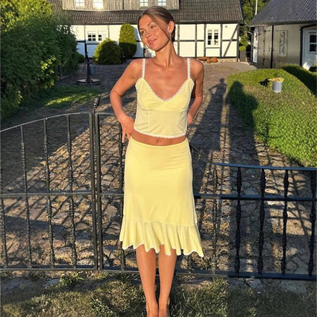Damen elegantes Set aus Spaghetti-Trägeroberteil und wadenlangem Rock mit Rüschensaum Drune