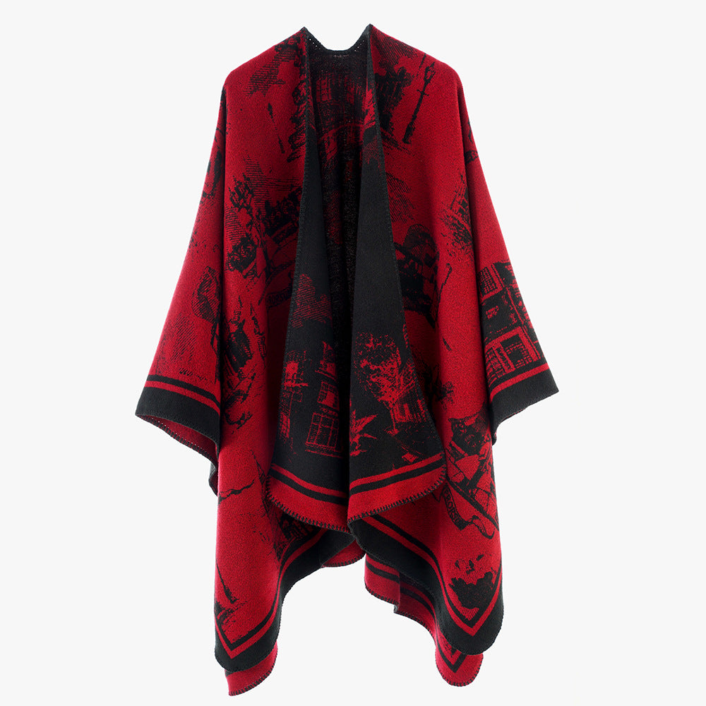 Damen Jacquard‑Capeponcho mit ikonischem Städte‑Jacquard und offenem Oversize‑Fall Drune