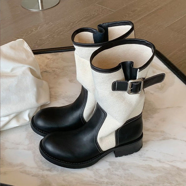 Damen Leder-Leinen Mid-Calf Stiefel mit Schnallenriemen Drune