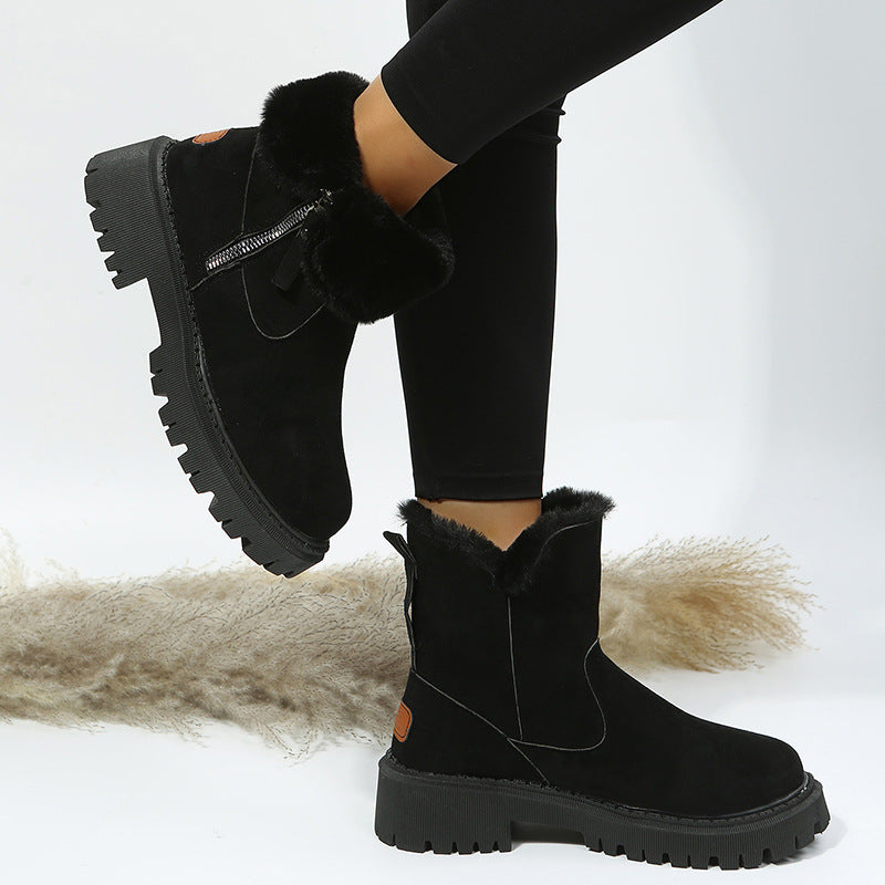 Damen Kurzschaft-Stiefelette mit Teddy‑Umschlag, Veloursoptik und Chunky‑Lug‑Sohle Drune