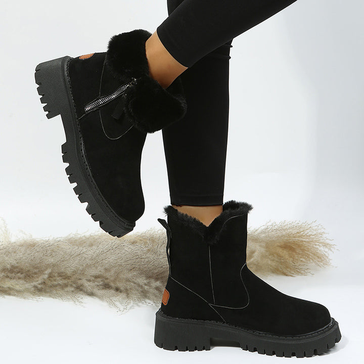 Damen Kurzschaft-Stiefelette mit Teddy‑Umschlag, Veloursoptik und Chunky‑Lug‑Sohle Drune