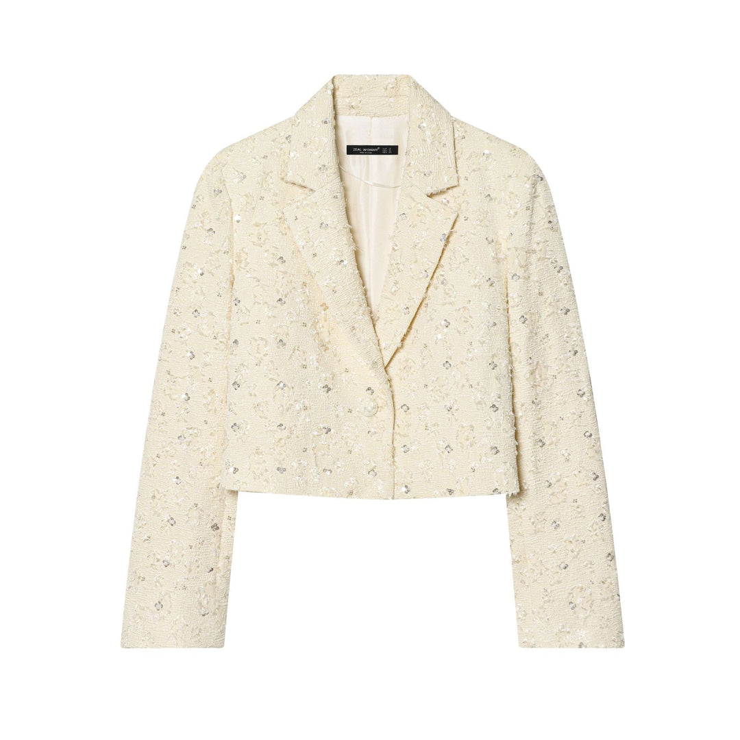 Damen Kurzer Bouclé-Blazer mit Paillettenbesatz und Reverskragen Drune