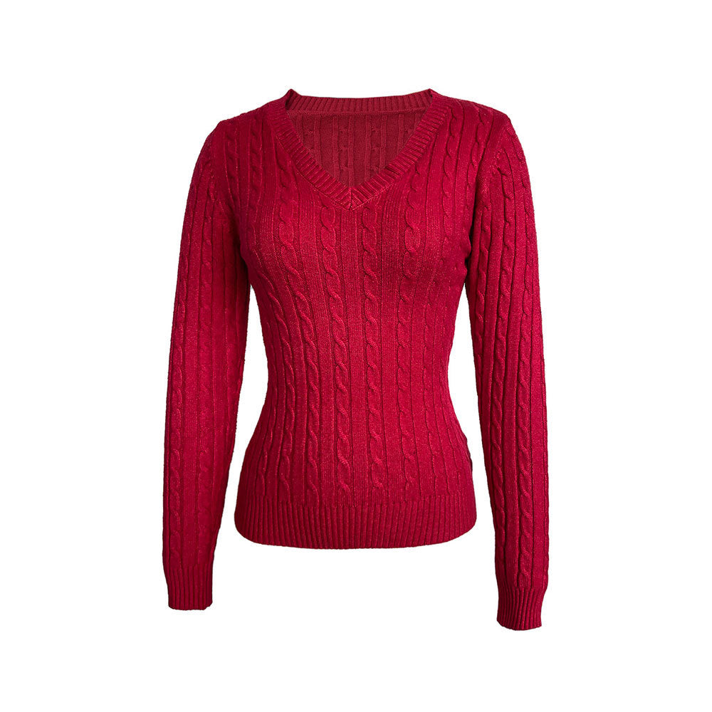 Damen figurbetonter Zopfmuster‑Pullover mit V‑Ausschnitt und taillierender Rippstruktur Drune