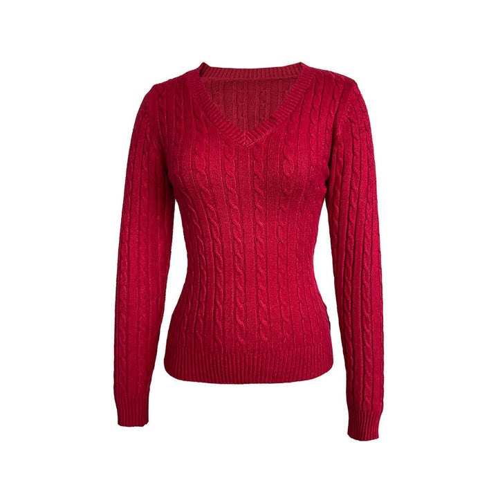 Damen figurbetonter Zopfmuster‑Pullover mit V‑Ausschnitt und taillierender Rippstruktur Drune