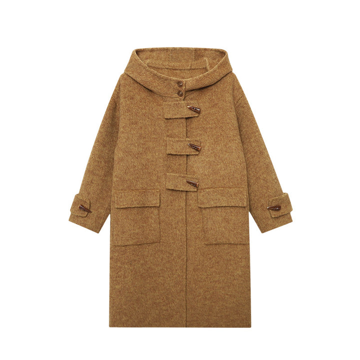 Damen eleganter Wollmantel mit Kapuze und großen Knöpfen Drune