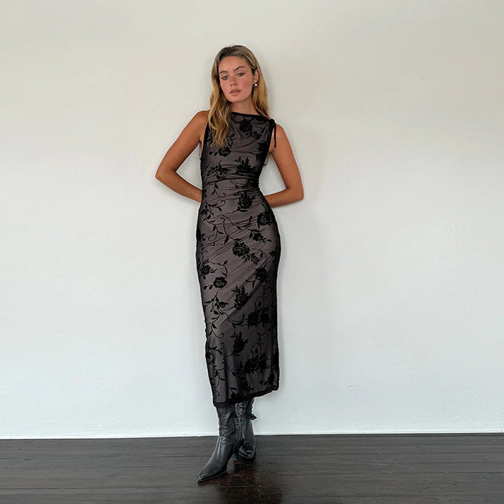 Damen Elegantes Maxikleid mit floralem Spitzenmuster und ärmellosem Design Drune