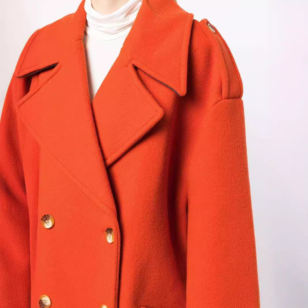 Damen Oversize Zweireihiger Kurzmantel aus Wollmix mit überbreiten Ärmeln und goldenen Zierknöpfen Drune