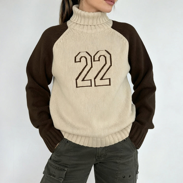 Damen Rollkragenpullover mit Raglanärmeln und Zahlen-Intarsia Drune