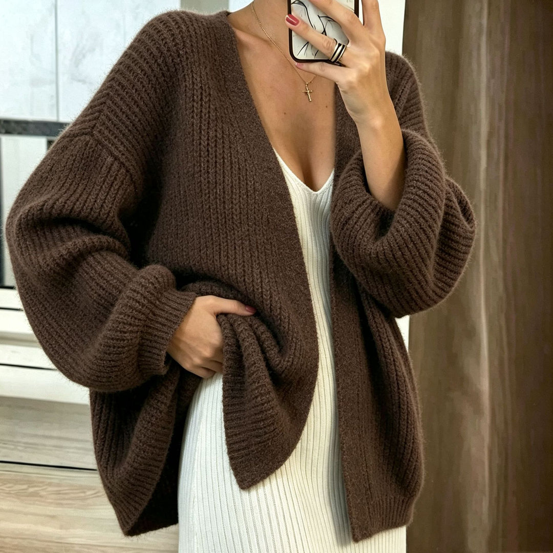 Damen Oversize-Cardigan aus grobem Rippstrick mit Ballonärmeln Drune