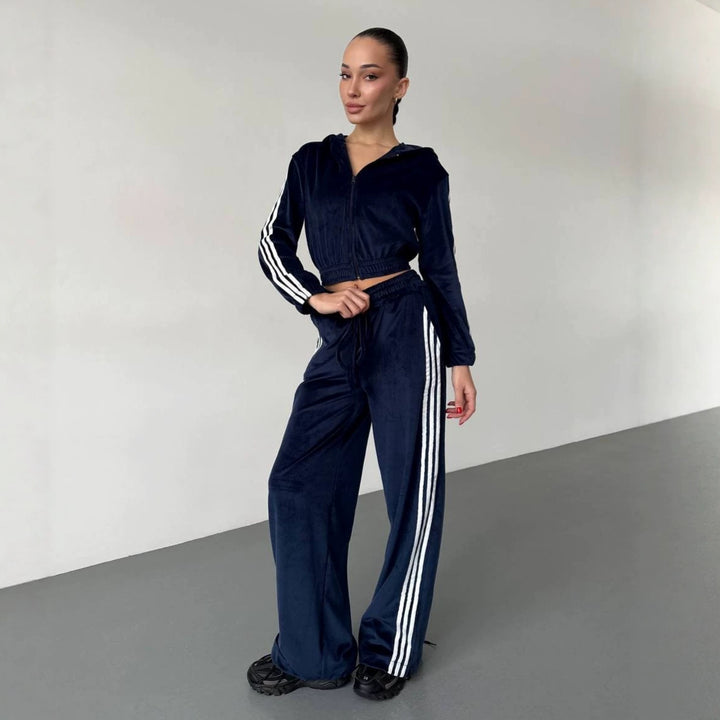 Damen Retro-Samt Trainingsanzug mit seitlichen Streifen, hochgeschnittener Bund und Reißverschluss Drune