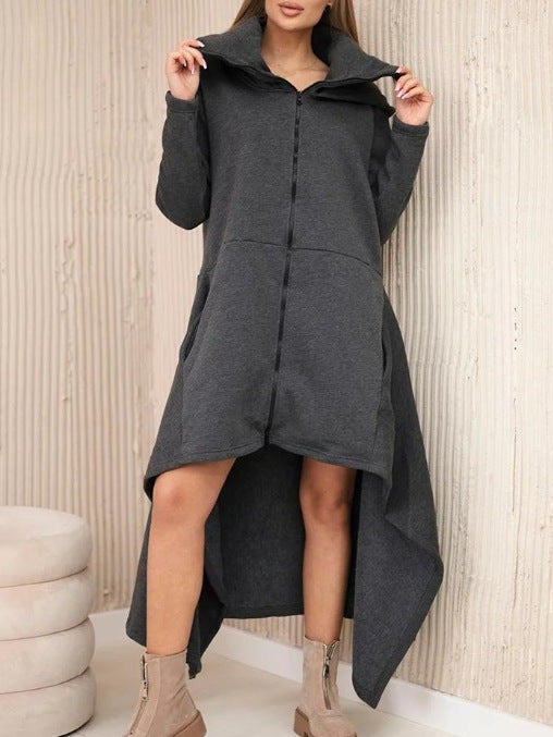 Damen nan asymmetrisches Sweatkleid mit hohem Stehkragen, durchgehendem Reißverschluss und verlängertem Rückensaum Drune
