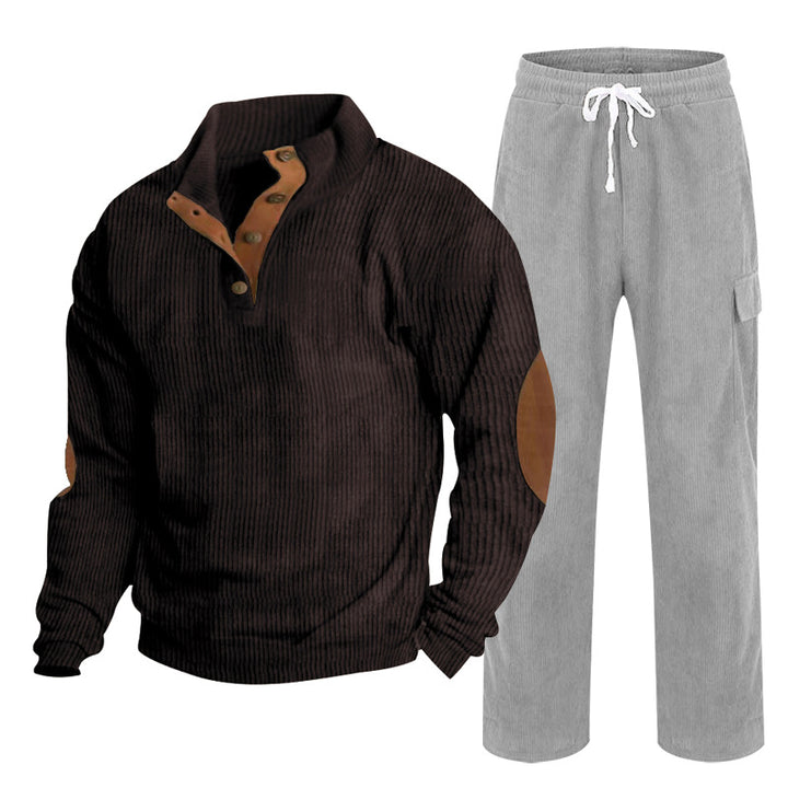 Herren Gemütliches Freizeit-Set aus Waffelstrick-Henley mit Ellenbogenpatch und Relax-Cargo-Hose Drune