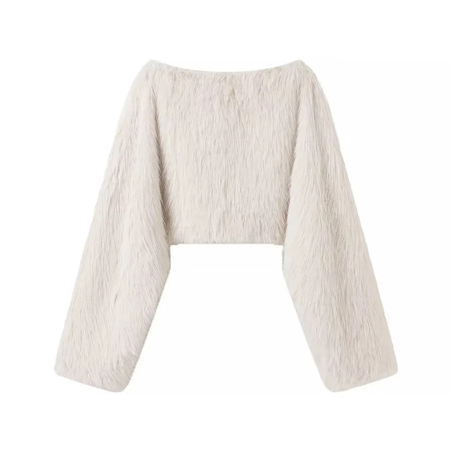 Damen nan kuscheliger Cropped-Fellpullover mit weitem Bootneck und voluminösen Ärmeln Drune