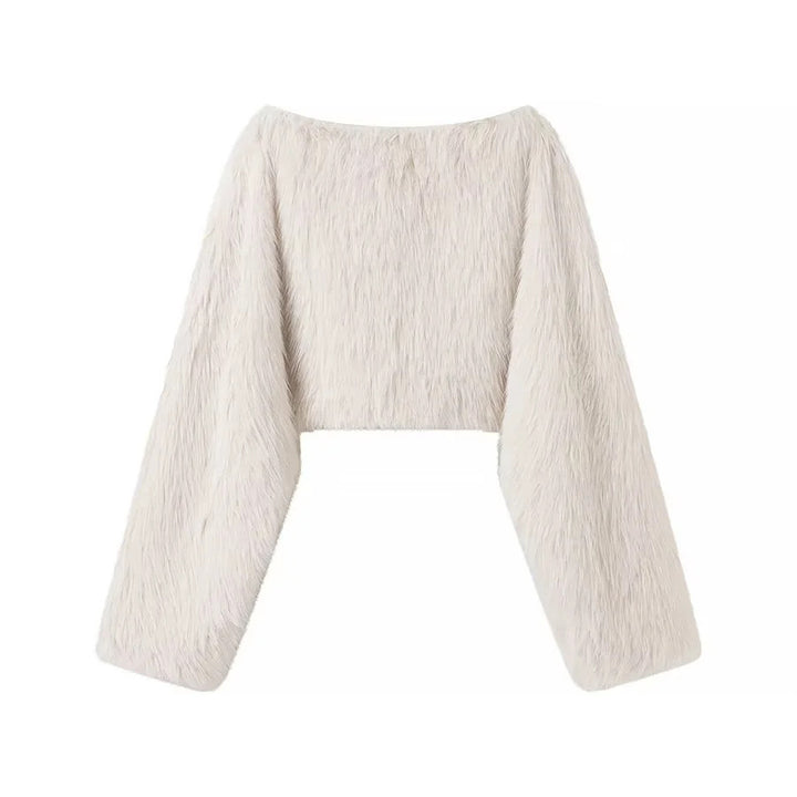 Damen nan kuscheliger Cropped-Fellpullover mit weitem Bootneck und voluminösen Ärmeln Drune