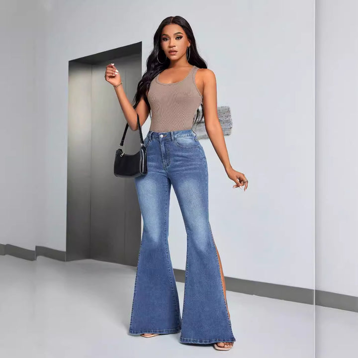 Damen elegante High-Waist Flared Jeans mit seitlichen Schlitzen Drune