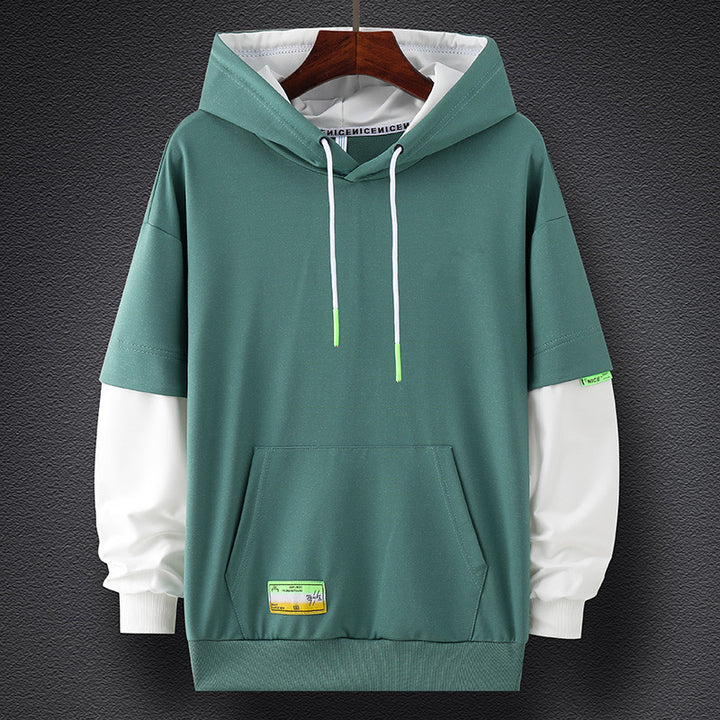 Herren Oversize-Lagenlook Kapuzenpullover mit Kontrastärmeln und Kängurutasche Drune