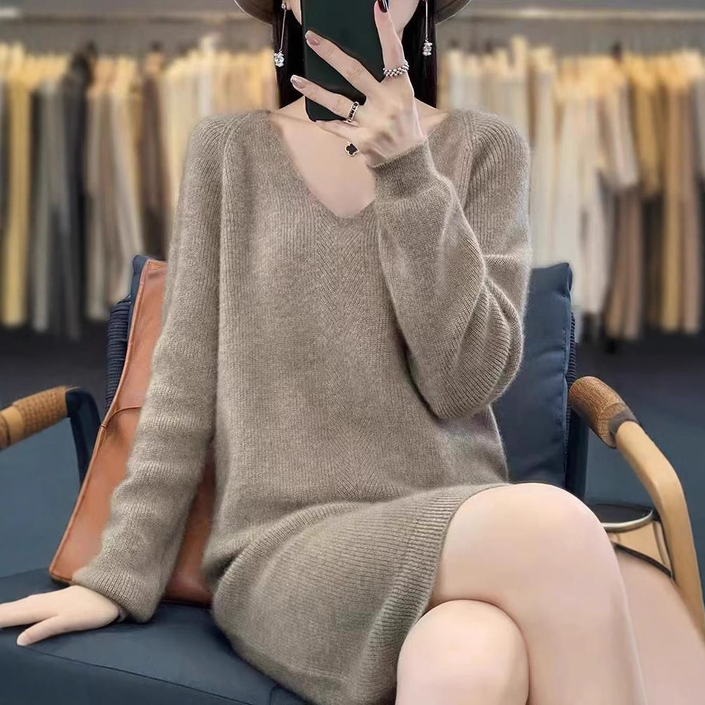 Damen gemütliches Strickkleid mit V-Ausschnitt und lässigem Schnitt Drune