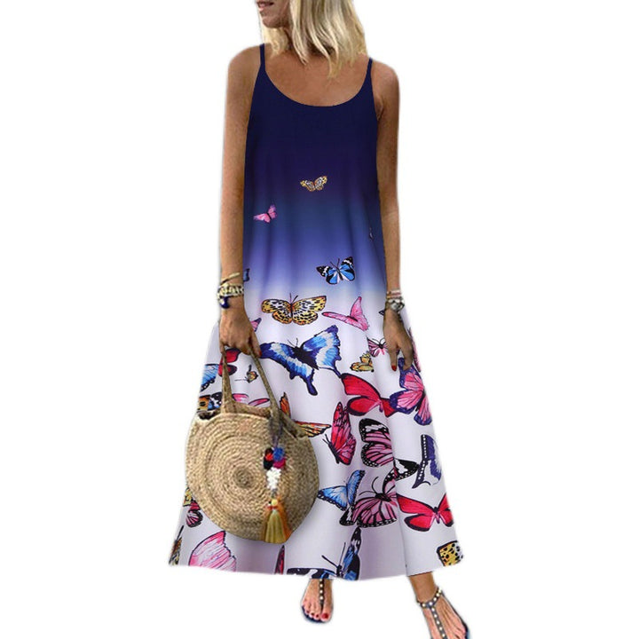 Damen Maxikleid mit elegantem Schmetterlingsdruck und weiten Trägern Drune